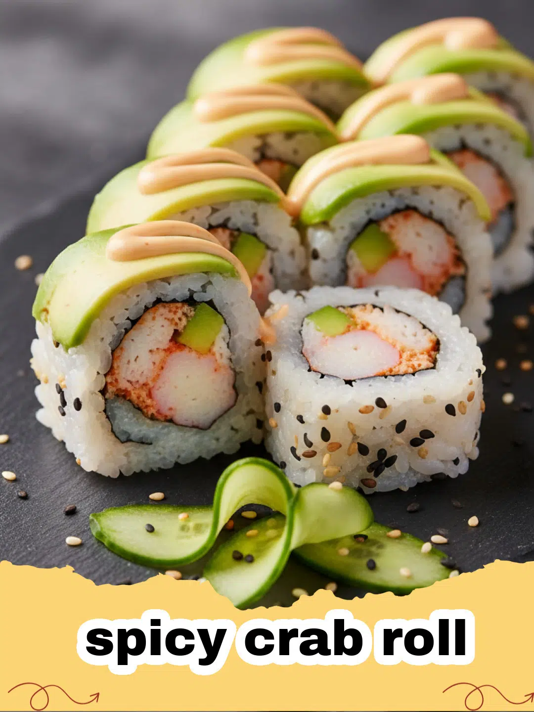 spicy crab roll - Delicious homemade spicy crab sushi rolls with cucumber and avocado, garnished with sesame seeds, served with soy sauce, wasabi, and pickled ginger.