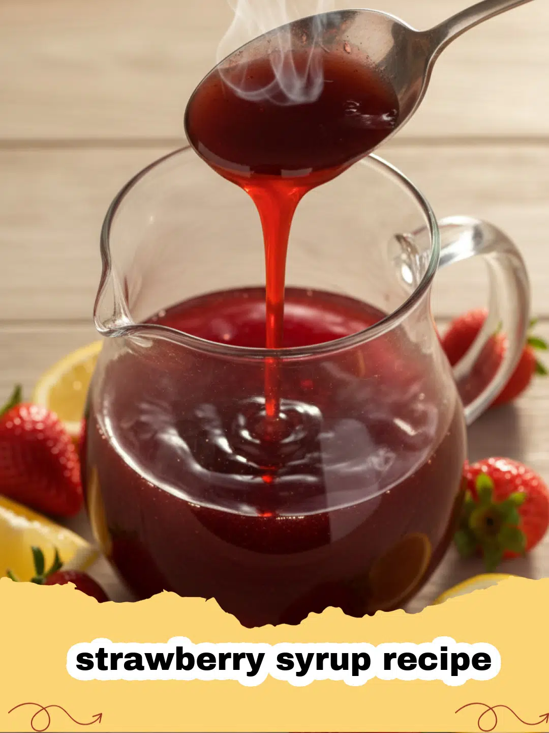 strawberry syrup recipe - Homemade strawberry syrup in a glass bottle with fresh strawberries and mint