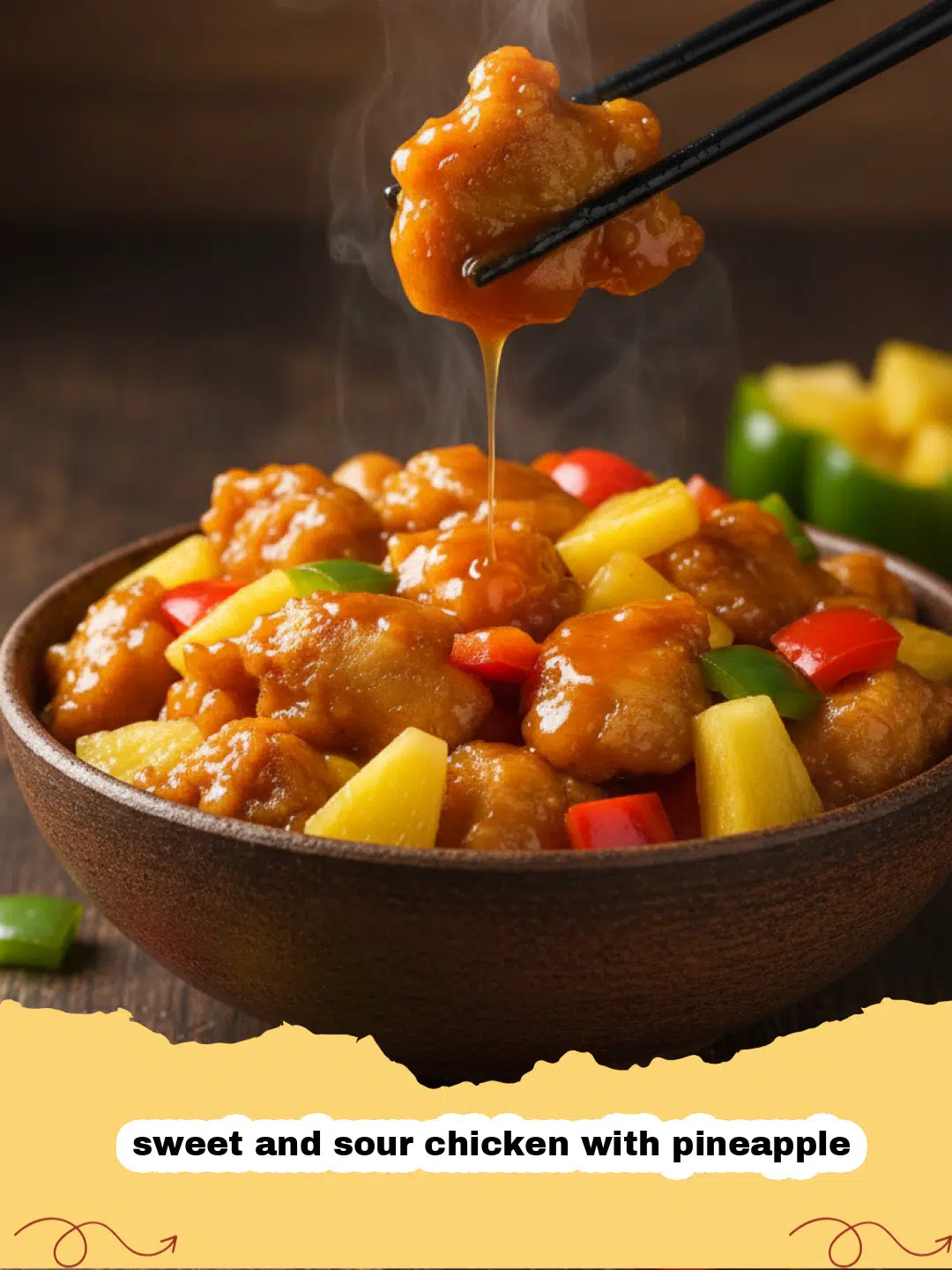 Close-up of vibrant sweet and sour chicken with pineapple, red and green bell peppers, and red onion, garnished with sesame seeds and green onions, served over rice in a white bowl.