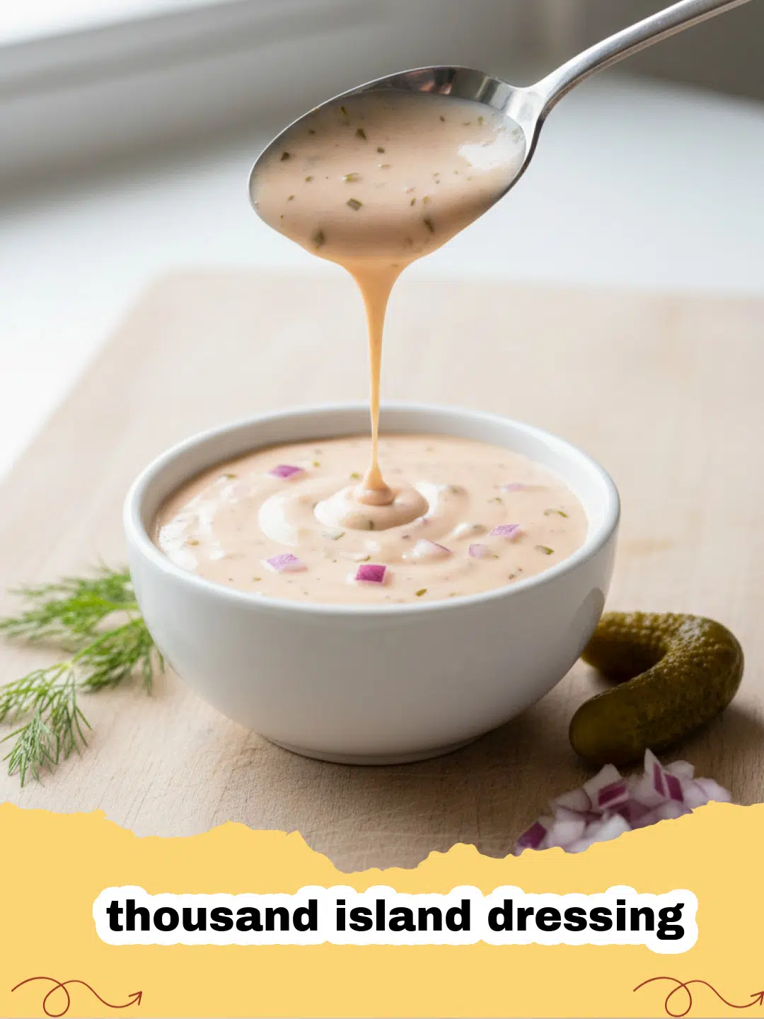 thousand island dressing - A bowl of creamy homemade Thousand Island Dressing with a spoon, next to fresh ingredients like lemon, onion, and pickles.