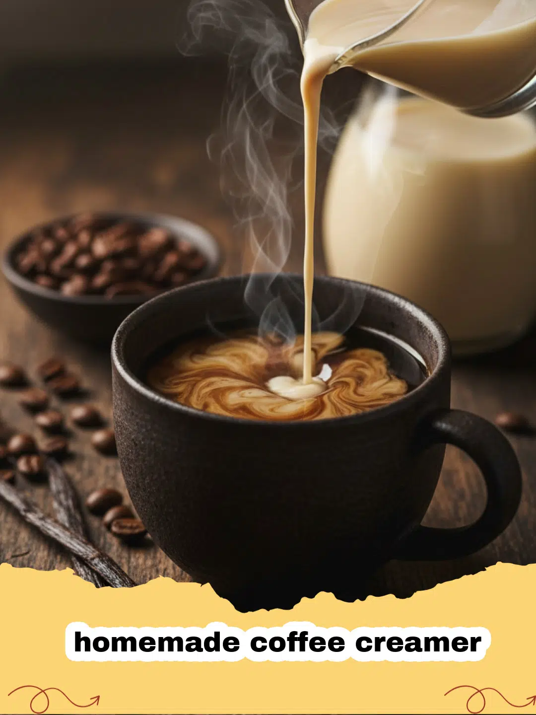 homemade coffee creamer - A glass jar of homemade vanilla coffee creamer with a label, next to a mug of coffee and fresh coffee beans.