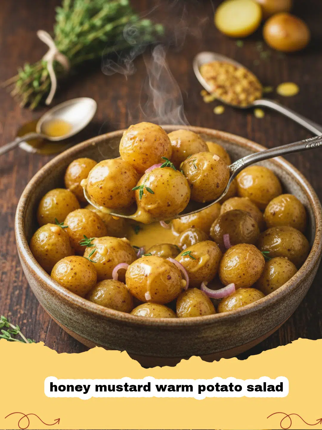 A close-up shot of a vibrant honey mustard warm potato salad in a rustic ceramic bowl, garnished with fresh chives, set against a blurred outdoor background.