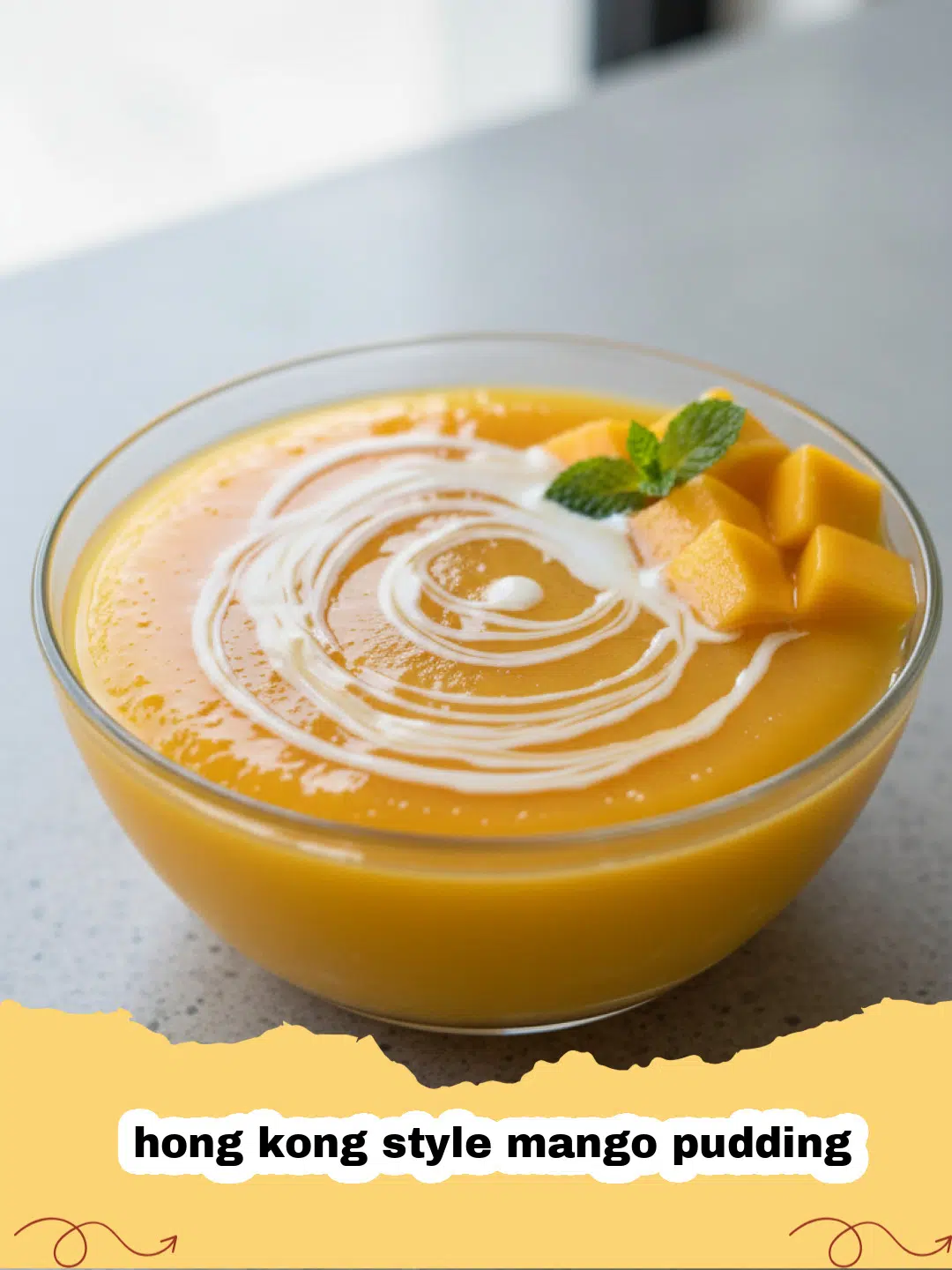 hong kong style mango pudding - Silken, golden Hong Kong style mango pudding in a glass bowl, garnished with fresh mango cubes and a mint leaf.