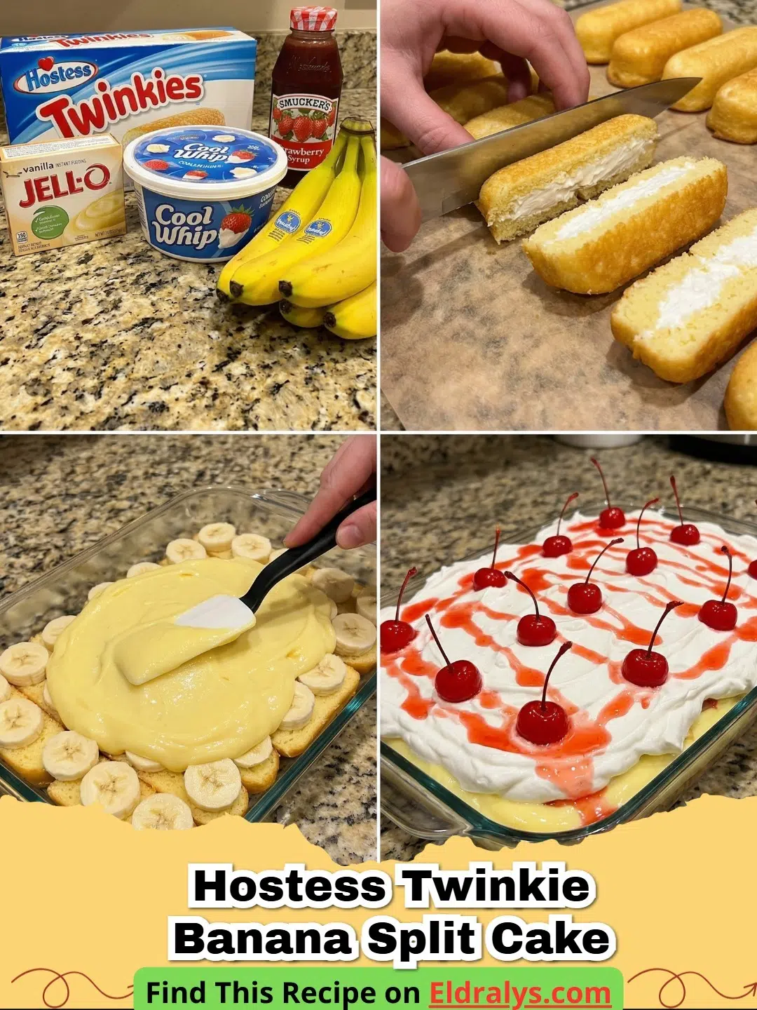 A close up of Hostess Twinkie Banana Split Cake with layers of fruit and cream