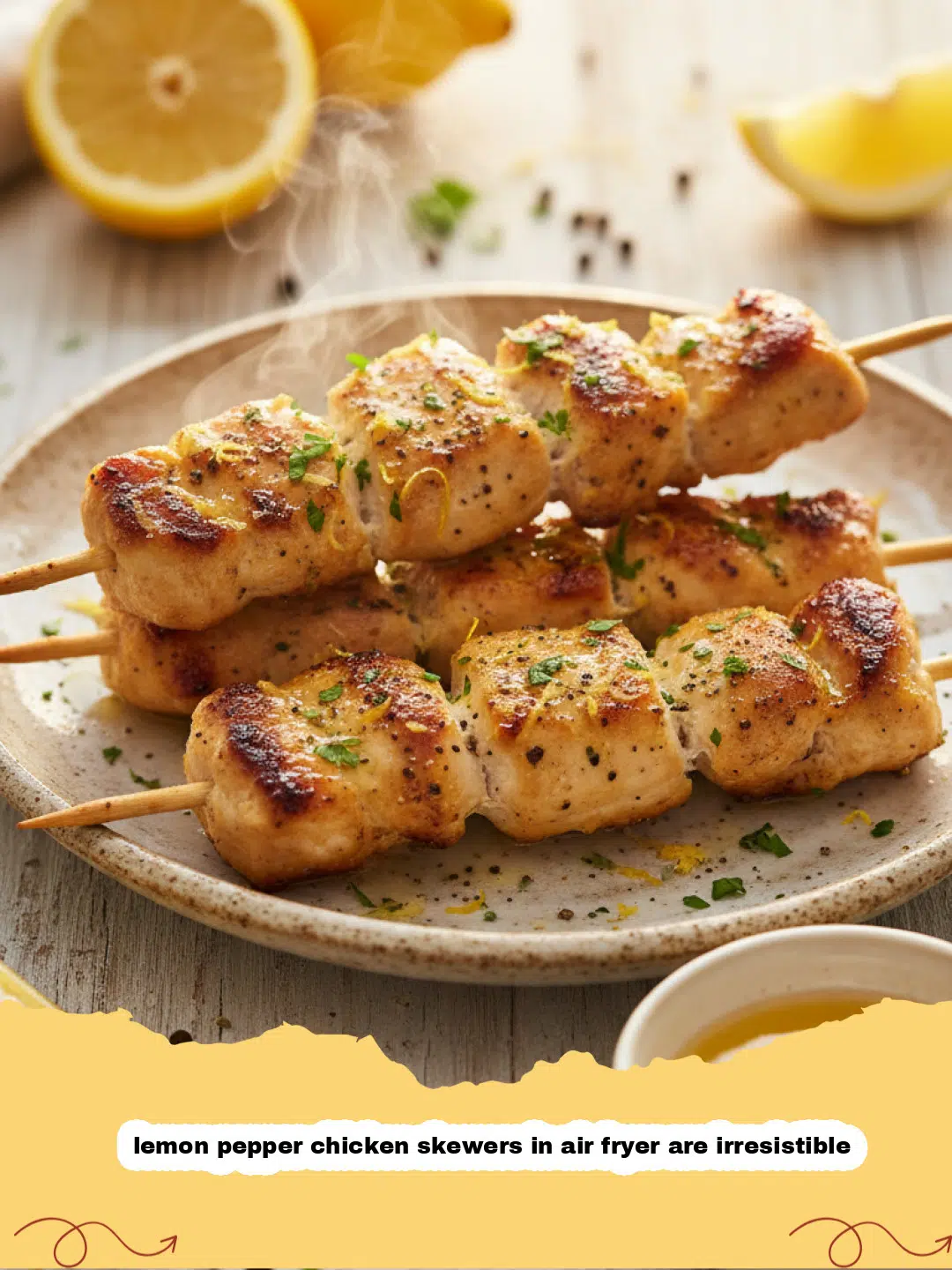 lemon pepper chicken skewers in air fryer are irresistible - Close-up of golden brown lemon pepper chicken skewers fresh out of an air fryer, garnished with parsley and lemon wedges.