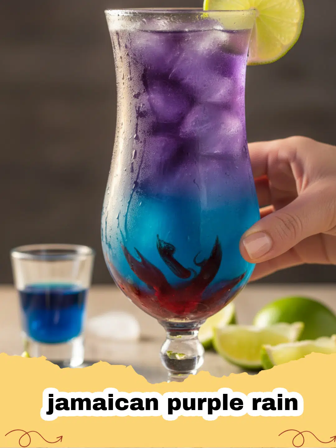 jamaican purple rain - A tall, vibrant Jamaican Purple Rain cocktail with distinct layers of blue, purple, and red, garnished with an orange slice and a cherry.