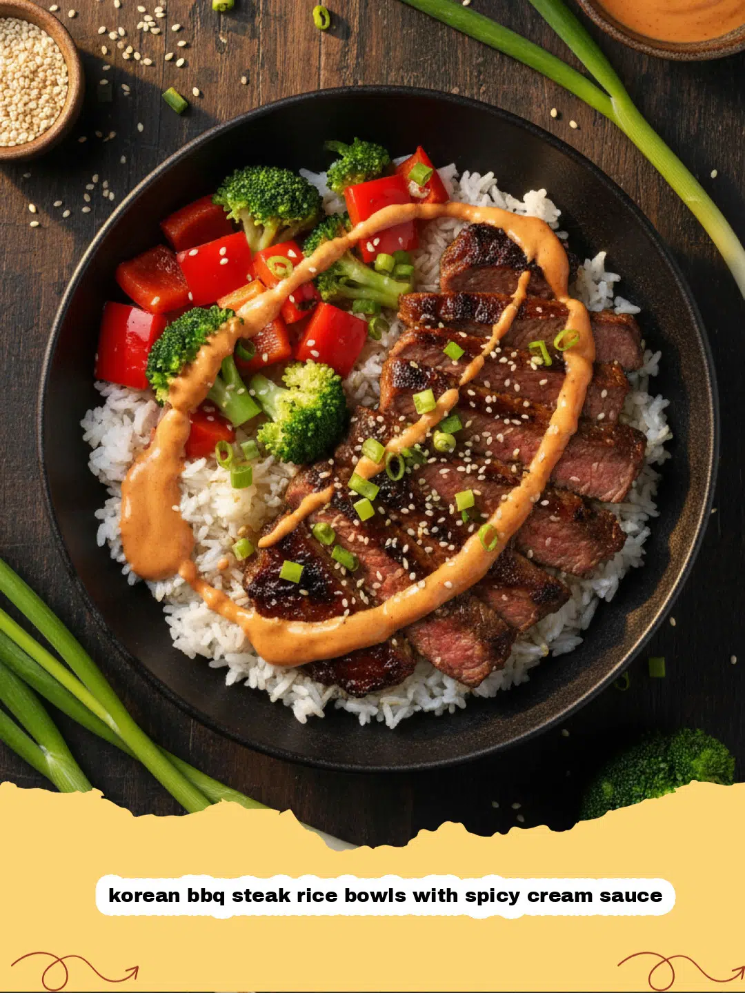korean bbq steak rice bowls with spicy cream sauce - Close-up of a colorful Korean BBQ Steak Rice Bowl with spicy cream sauce, topped with green onions and sesame seeds.