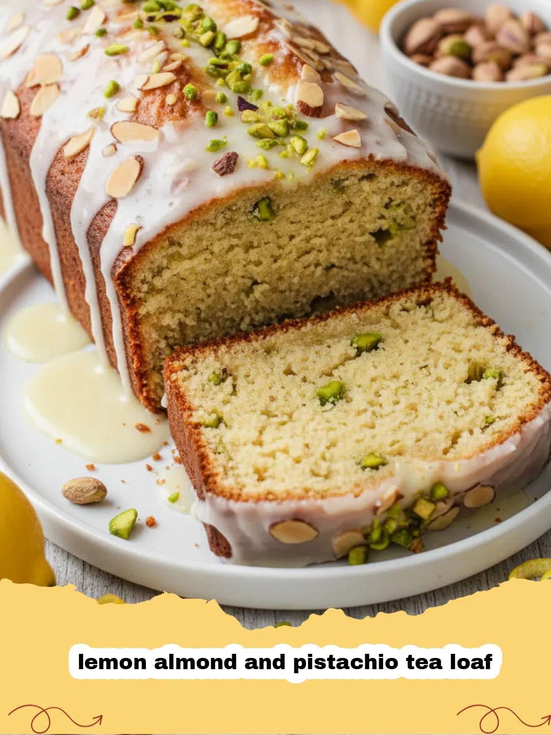 A perfectly golden-brown lemon almond and pistachio tea loaf on a wire rack, drizzled with a white lemon glaze and sprinkled with chopped pistachios.