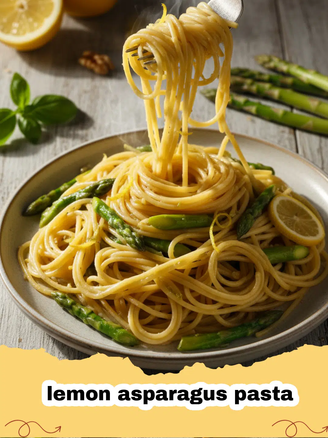 Close-up of bright and zesty lemon asparagus pasta in a white bowl, garnished with fresh parsley and Parmesan.