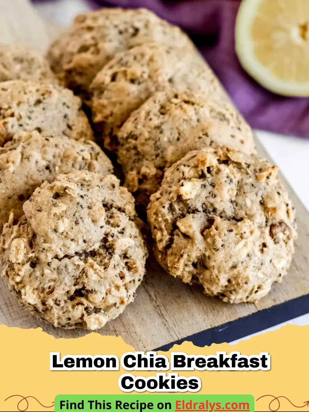 Golden brown Lemon Chia Breakfast Cookies on a white plate with lemon slices.