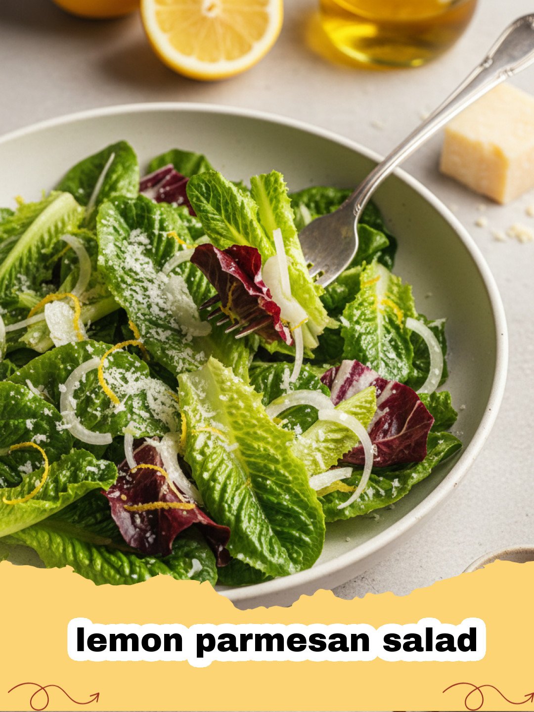 A close-up of a vibrant lemon parmesan salad with crisp arugula, shaved Parmesan, and a light lemon vinaigrette.
