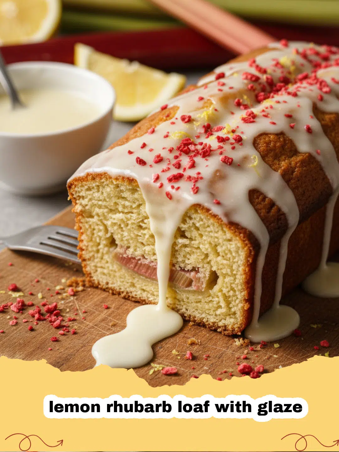 lemon rhubarb loaf with glaze - A moist slice of lemon rhubarb loaf with a bright white lemon glaze drizzled over it, garnished with a small piece of rhubarb.