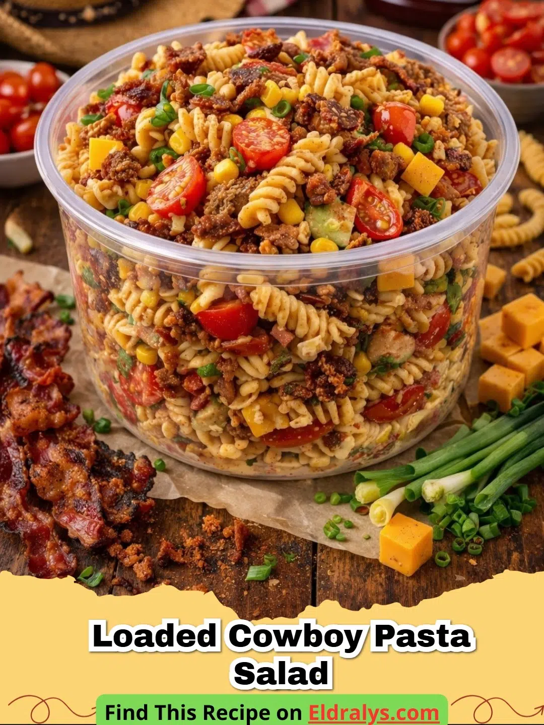 LOADED COWBOY PASTA SALAD - A large bowl of Loaded Cowboy Pasta Salad with corn, black beans, and bacon.
