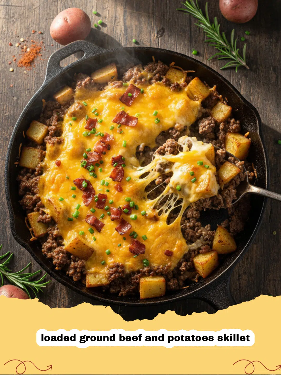 Close-up of a loaded ground beef and potatoes skillet, topped with melted cheese, fresh parsley, and green onions, served in a cast iron skillet.