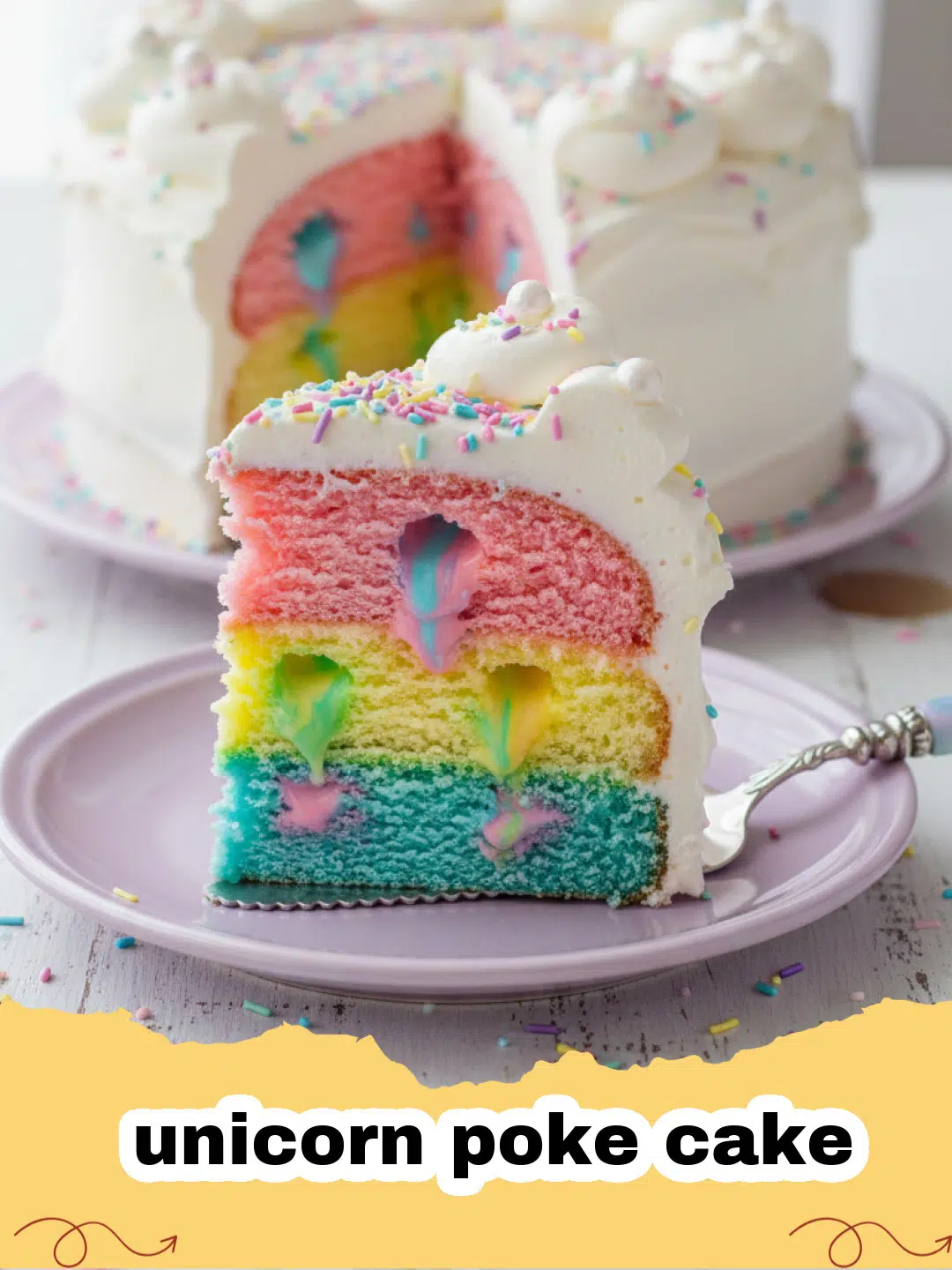 unicorn poke cake - A beautifully decorated Unicorn Poke Cake with rainbow sprinkles and a unicorn horn, cut into slices to show the colorful gelatin inside.