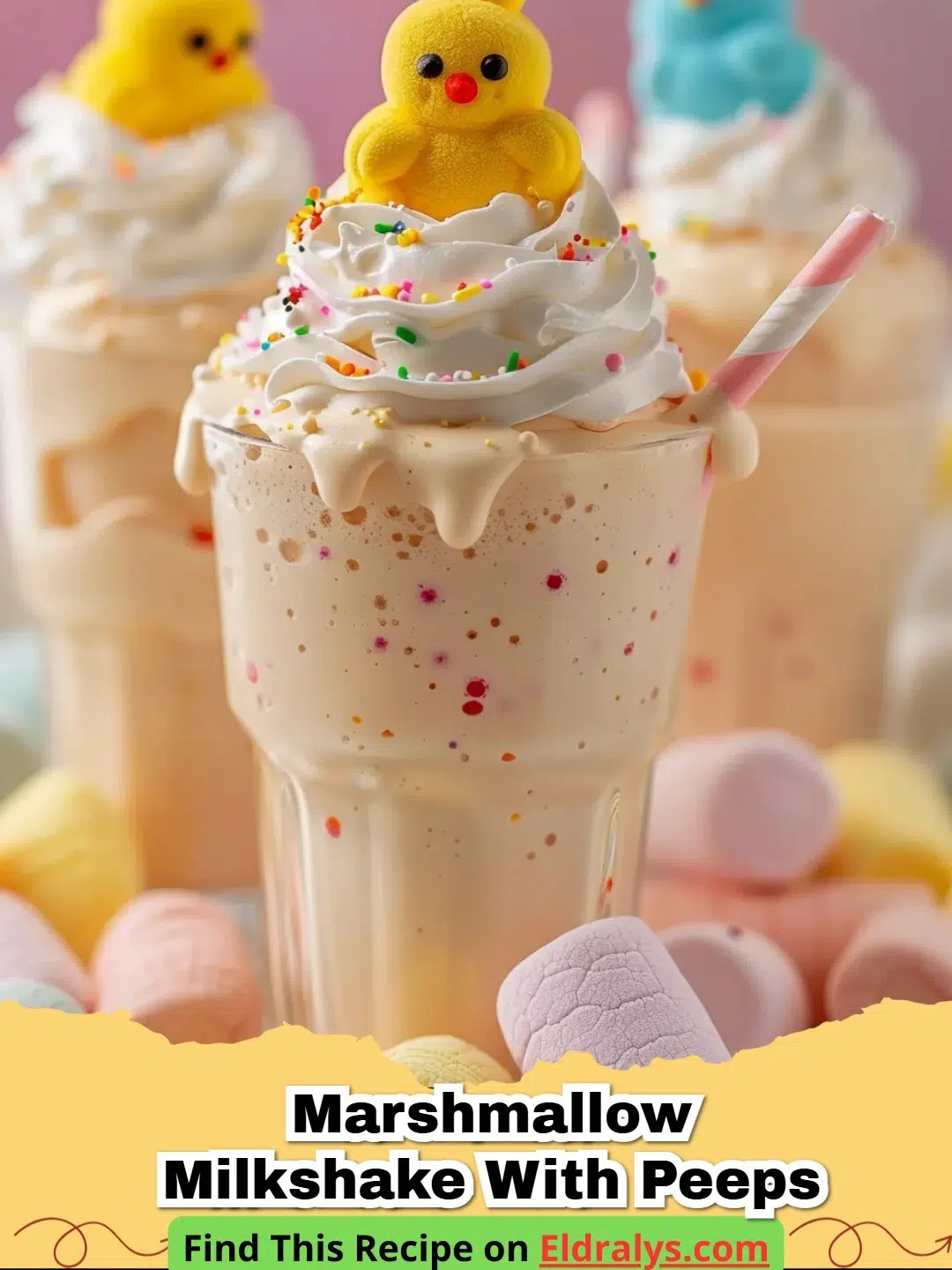 A colorful Marshmallow Milkshake with Peeps topped with whipped cream and a yellow chick.