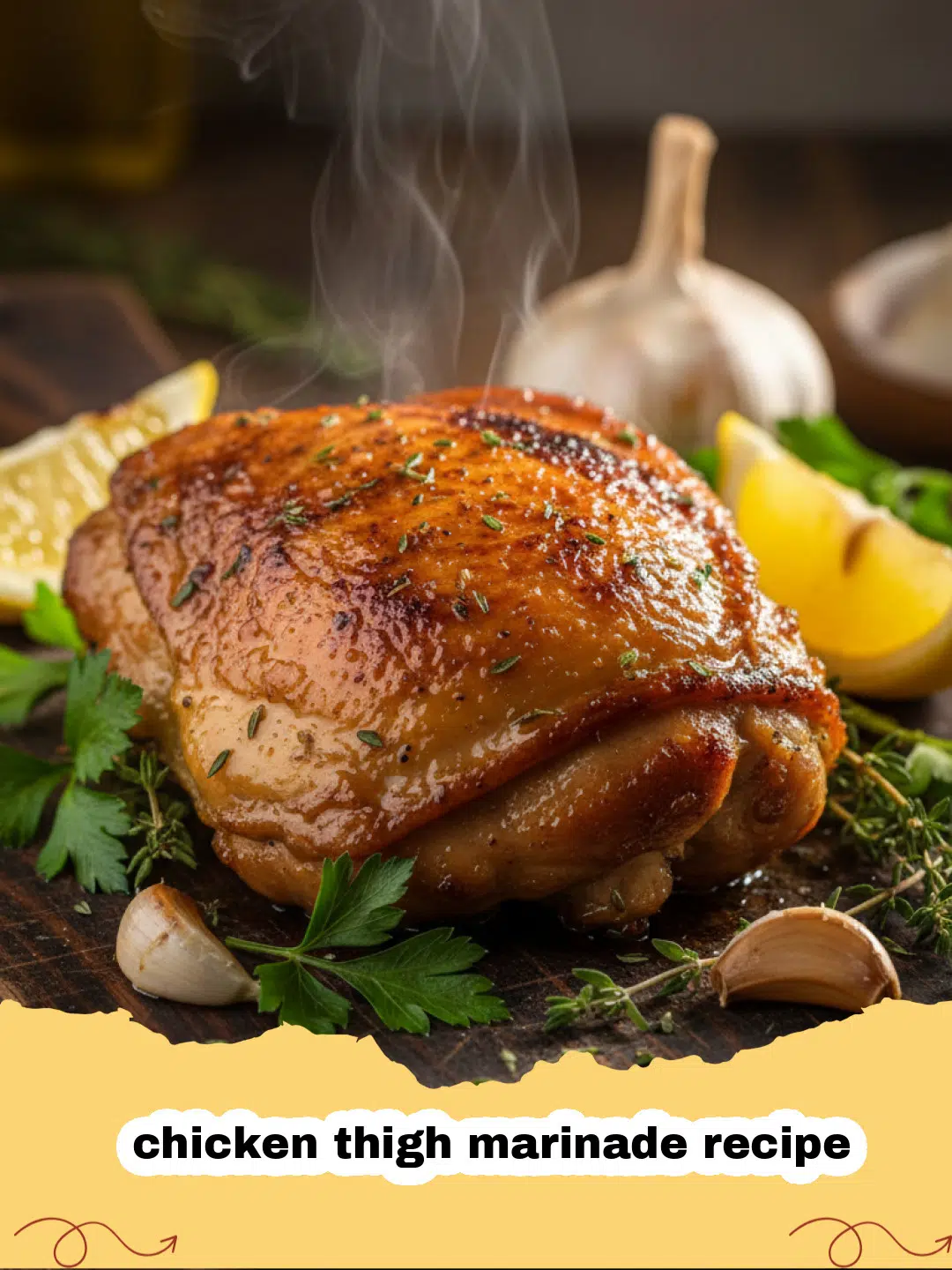 chicken thigh marinade recipe - Plate of juicy grilled chicken thighs marinated with herbs and lemon, garnished with fresh parsley.