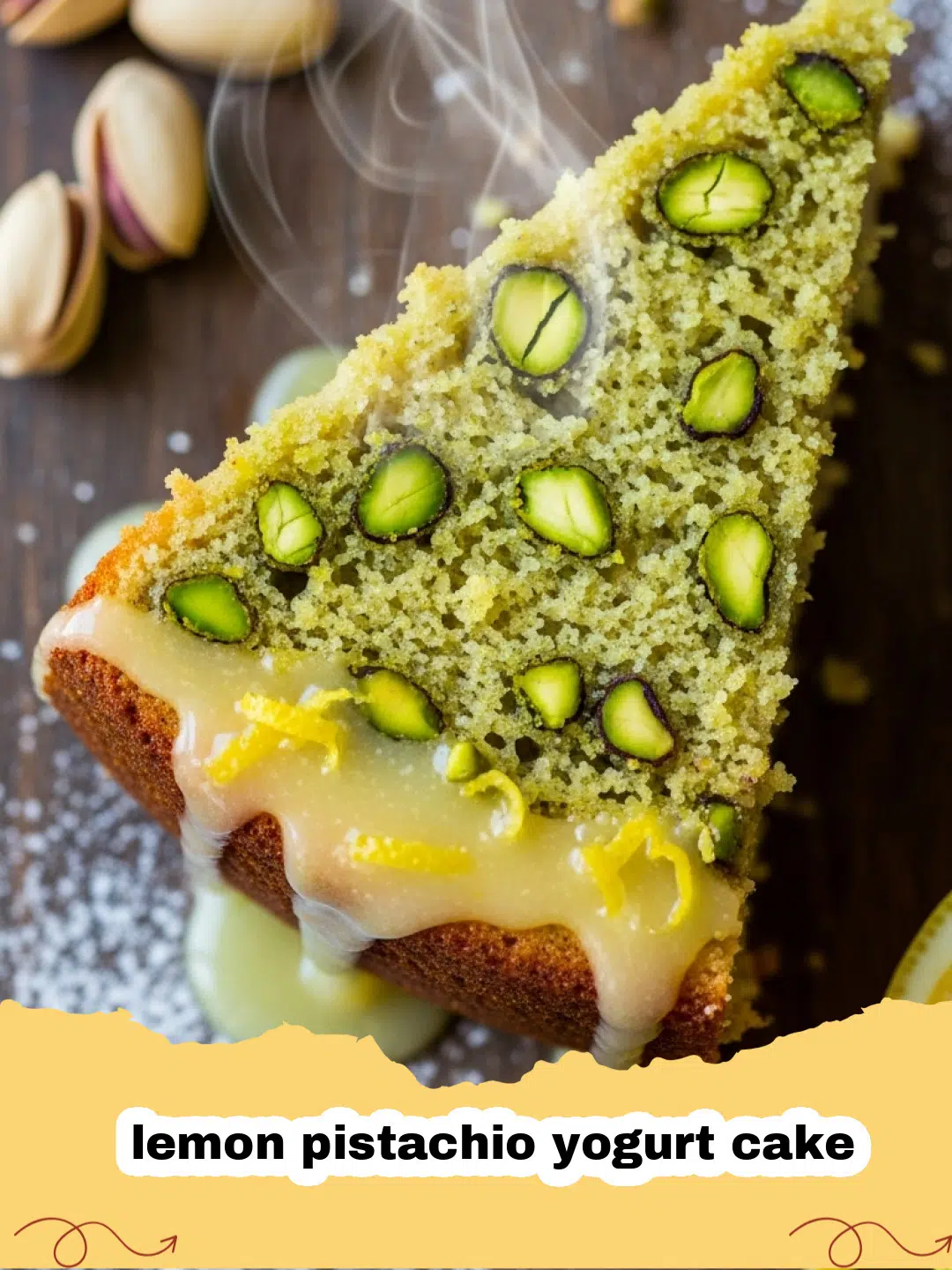 A close-up shot of a sliced lemon pistachio yogurt cake topped with glaze and crushed nuts.