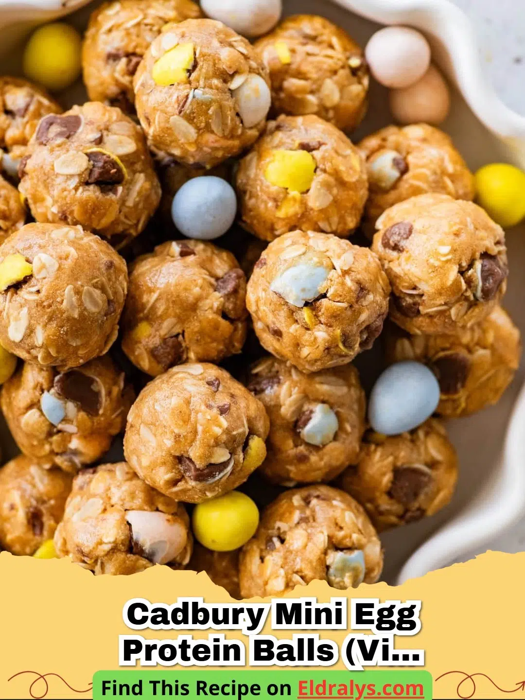 A plate of No-Bake Cadbury Egg Protein Balls with crushed chocolate eggs