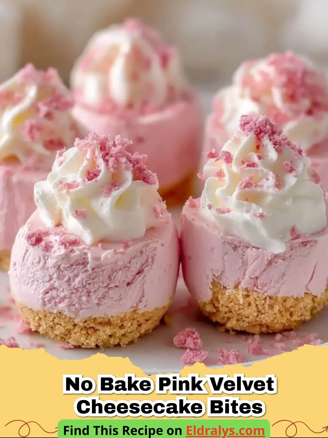 Close up of No Bake Pink Velvet Cheesecake Bites on a platter with white chocolate drizzle