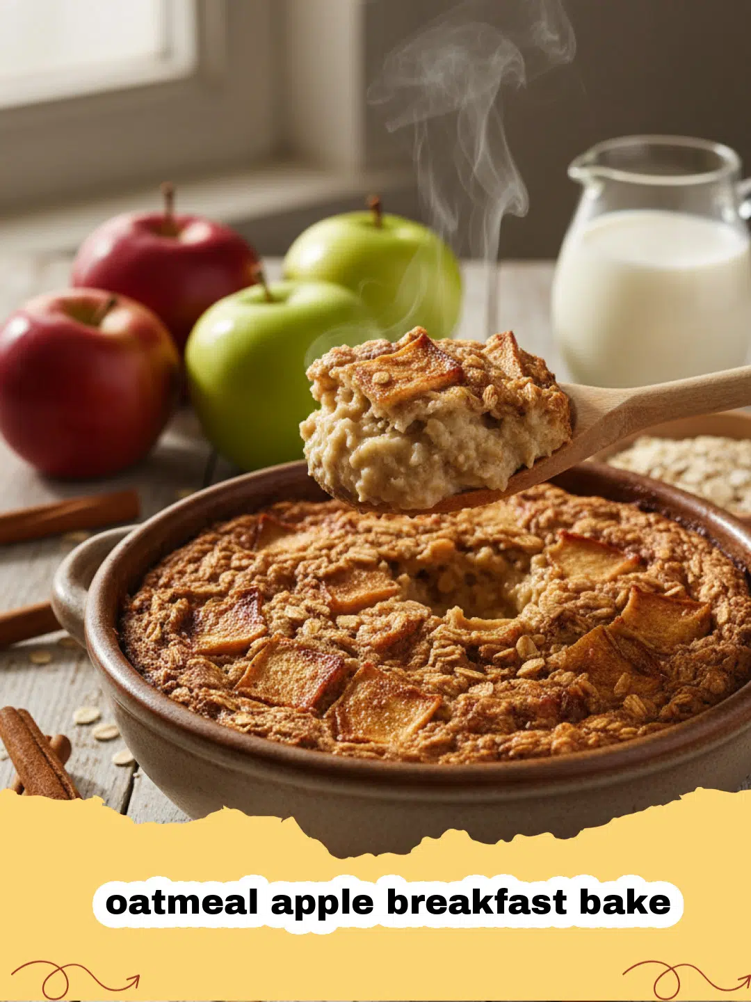A golden-brown oatmeal apple breakfast bake in a square baking dish, garnished with fresh apple slices and a sprinkle of cinnamon.