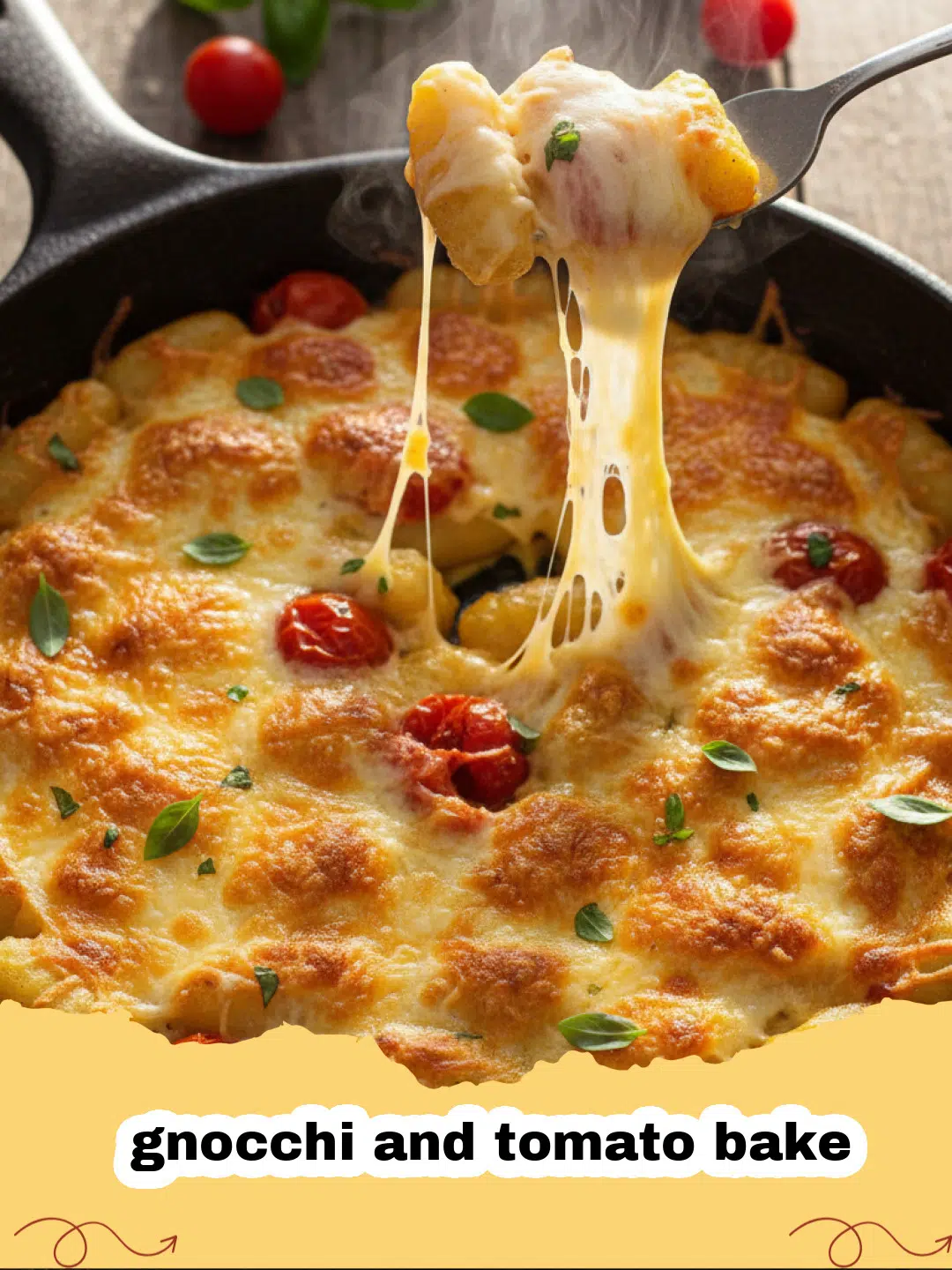 Close-up of a bubbling, cheesy gnocchi and tomato bake in a cast iron skillet, garnished with fresh basil.