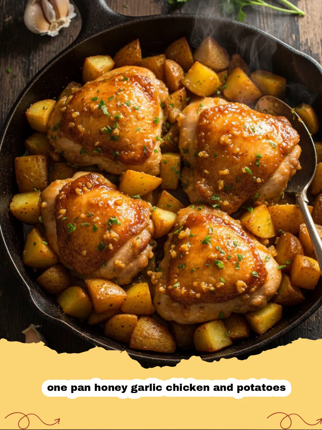 Close-up of golden-brown one pan honey garlic chicken and potatoes on a baking sheet, garnished with fresh parsley.