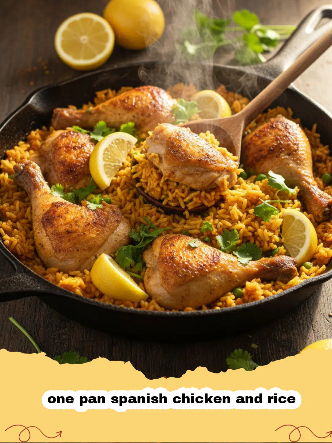 one pan spanish chicken and rice - Close-up of One Pan Spanish Chicken and Rice in a cast iron skillet, garnished with fresh parsley and lemon wedges.