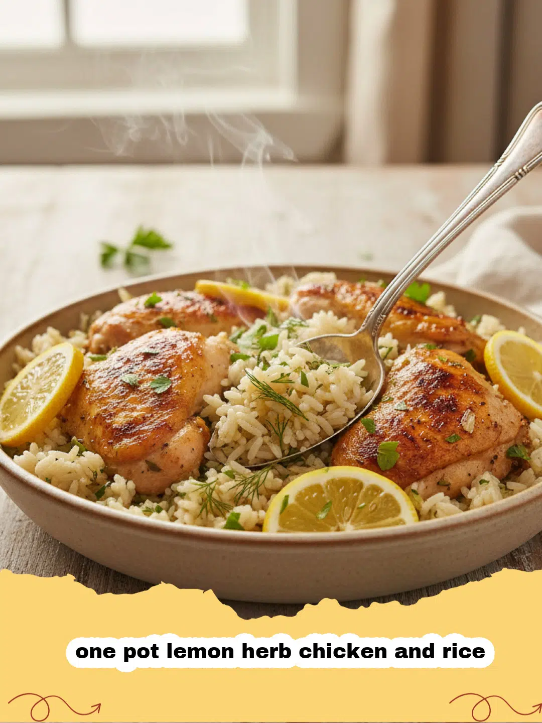 A golden brown, crispy one pot lemon herb chicken and rice dish, garnished with fresh lemon slices and parsley.