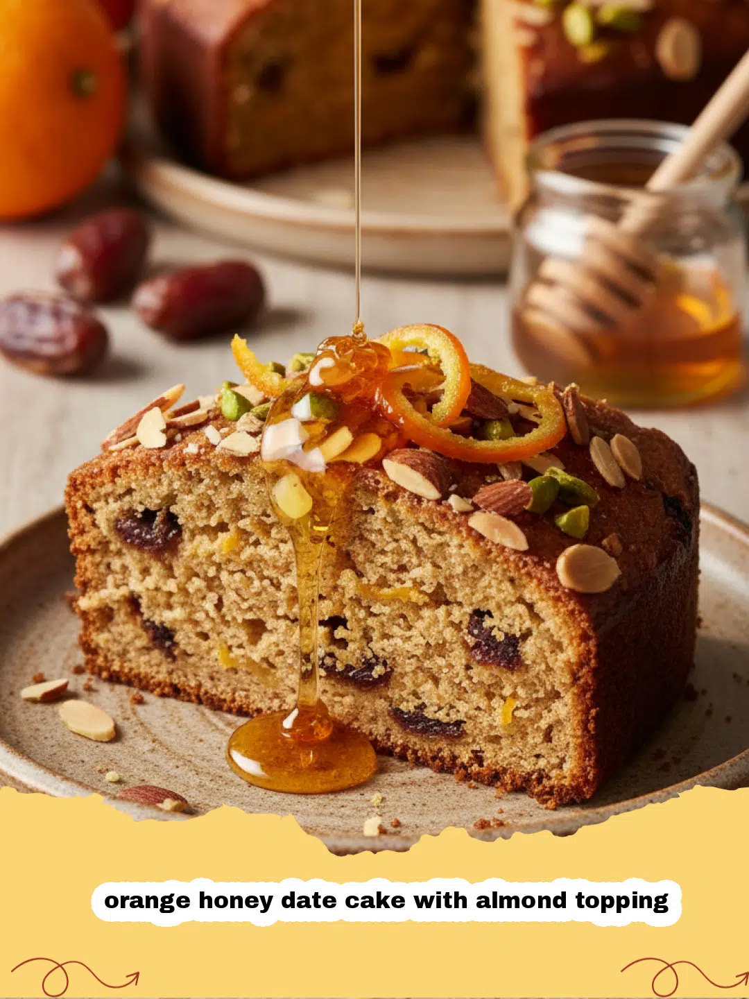 A close up view of a golden orange honey date cake with almond topping on a wooden plate.