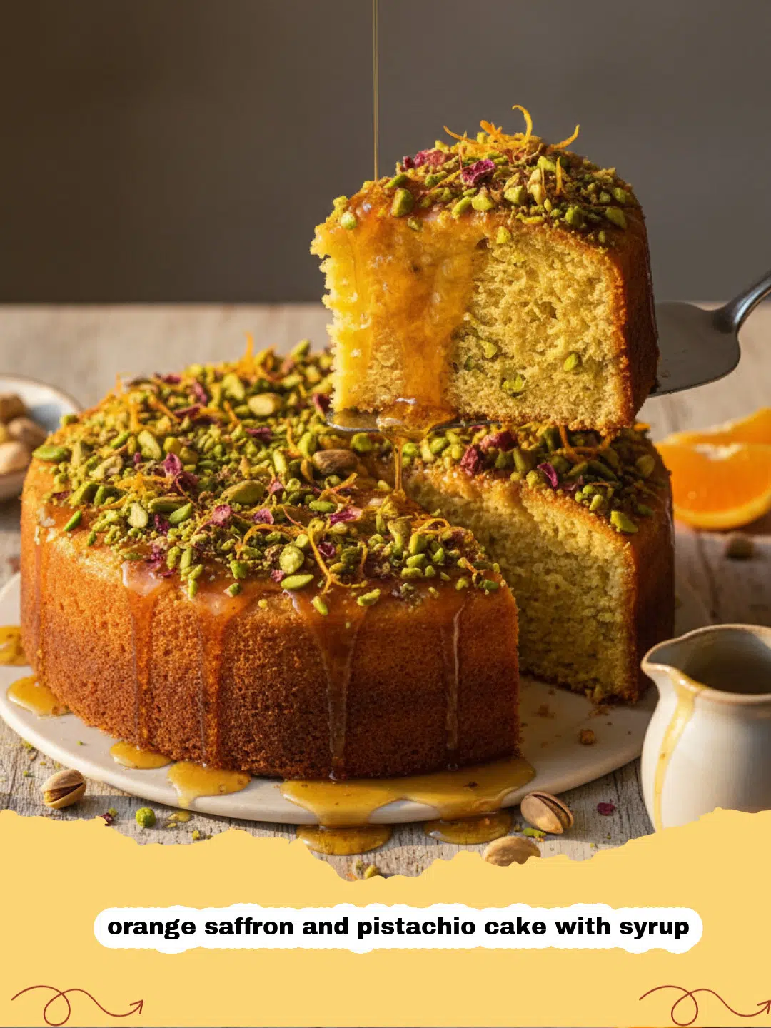 A vibrant orange saffron and pistachio cake with syrup, garnished with fresh orange slices and chopped pistachios on a white cake stand.