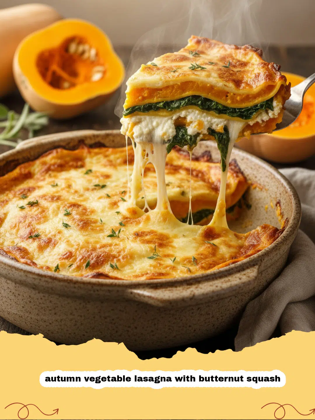 A slice of golden brown autumn vegetable lasagna with butternut squash showing layers of roasted squash and melted cheese.