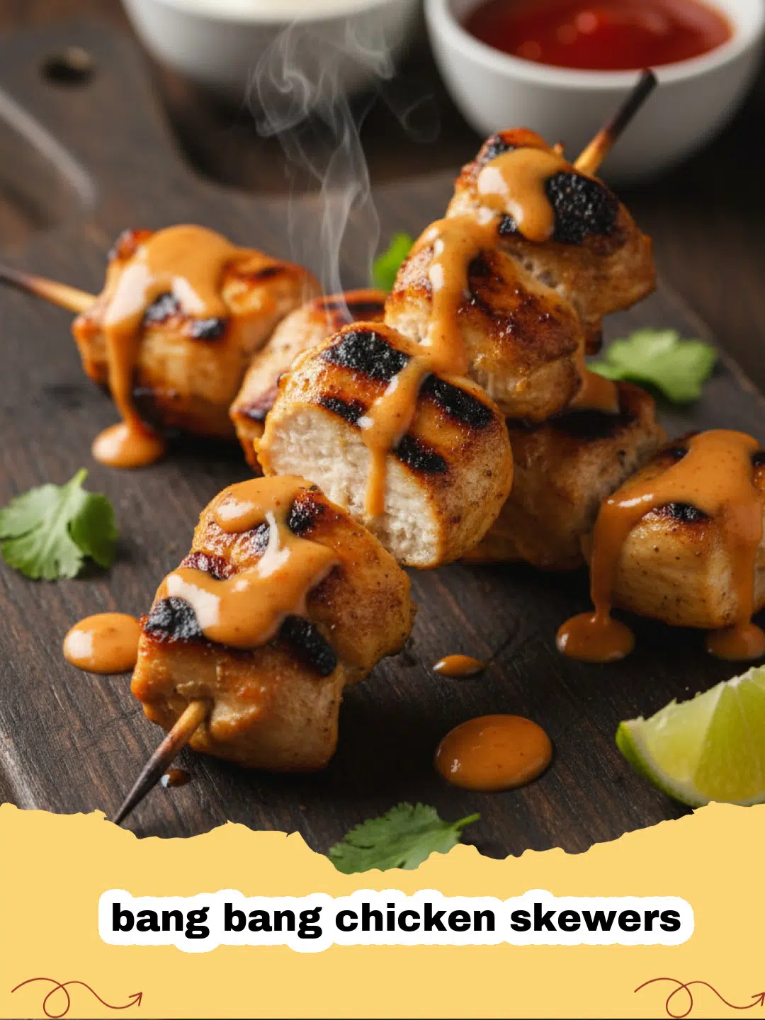 Close-up of grilled bang bang chicken skewers garnished with sesame seeds and green onions on a white platter, ready to serve.