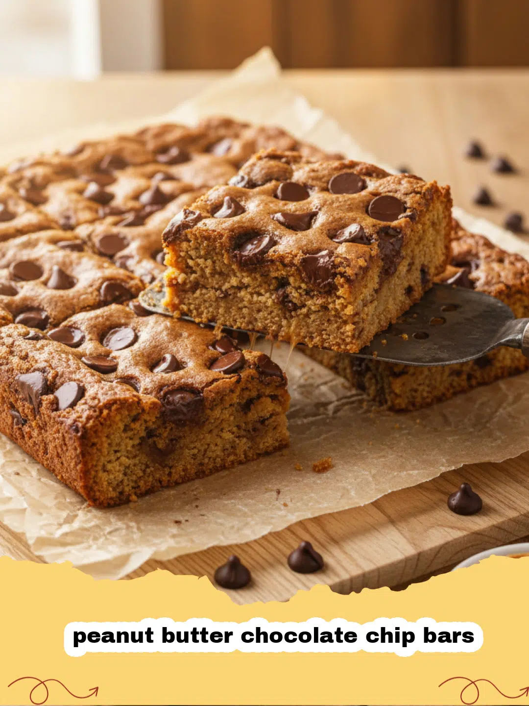 A close-up of freshly baked chewy peanut butter chocolate chip bars, cut into squares and stacked on a white plate, with some melted chocolate visible.