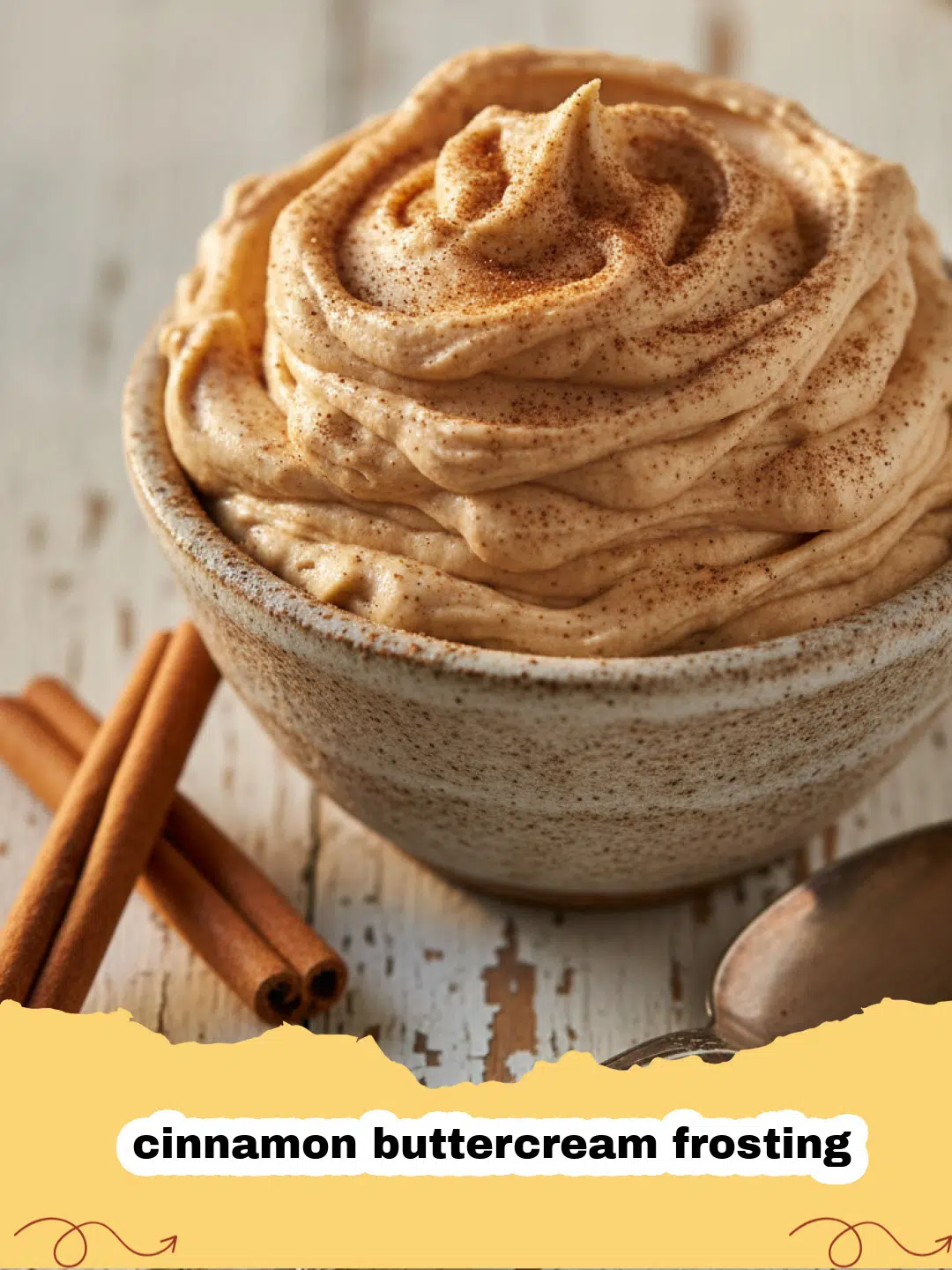 A close-up of a perfectly piped swirl of creamy cinnamon buttercream frosting on a cupcake, garnished with a sprinkle of cinnamon.