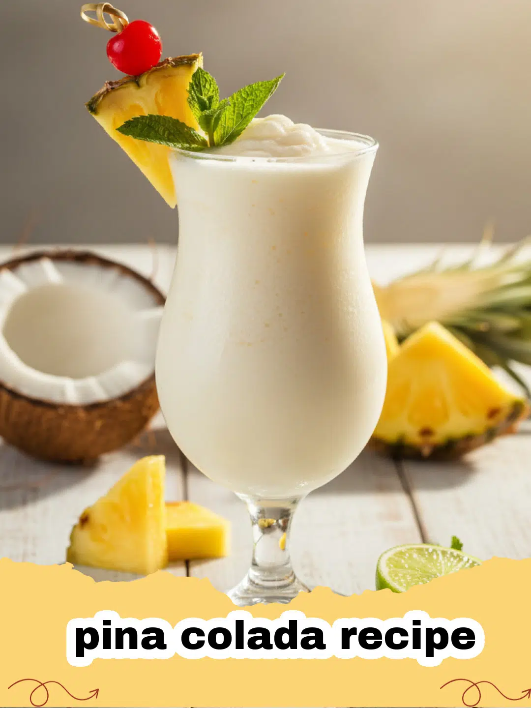 pina colada recipe - A frosty, classic pina colada cocktail garnished with a fresh pineapple wedge and maraschino cherry on a tropical background.