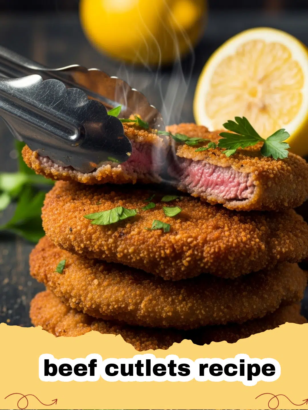 beef cutlets recipe - Golden brown crispy beef cutlets served on a white plate with lemon wedges.