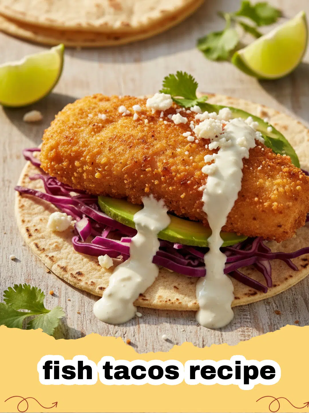 fish tacos recipe - Two crispy fish tacos with zesty slaw and creamy white sauce, garnished with cilantro and lime wedges, on a wooden board.
