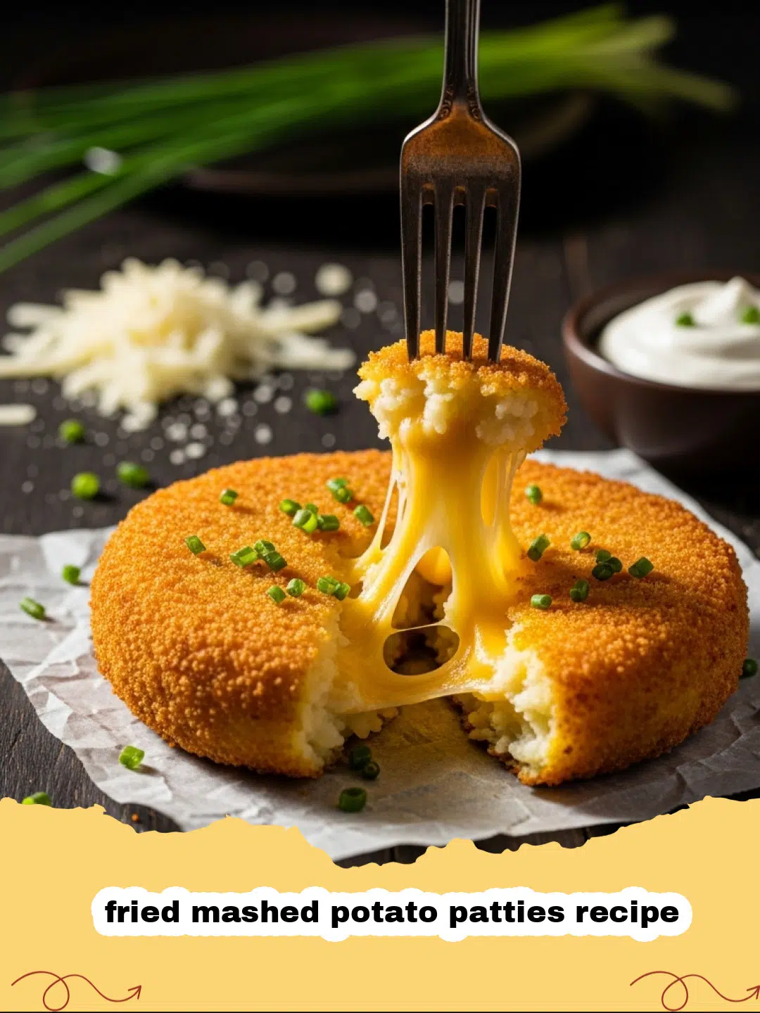 fried mashed potato patties recipe - Golden brown fried mashed potato patties on a plate with sour cream.