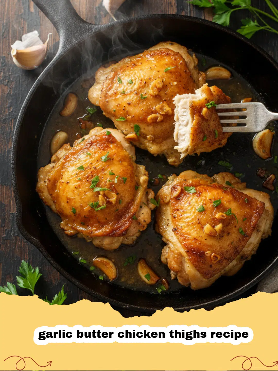 garlic butter chicken thighs recipe - Close-up of crispy garlic butter chicken thighs in a skillet, garnished with fresh parsley.