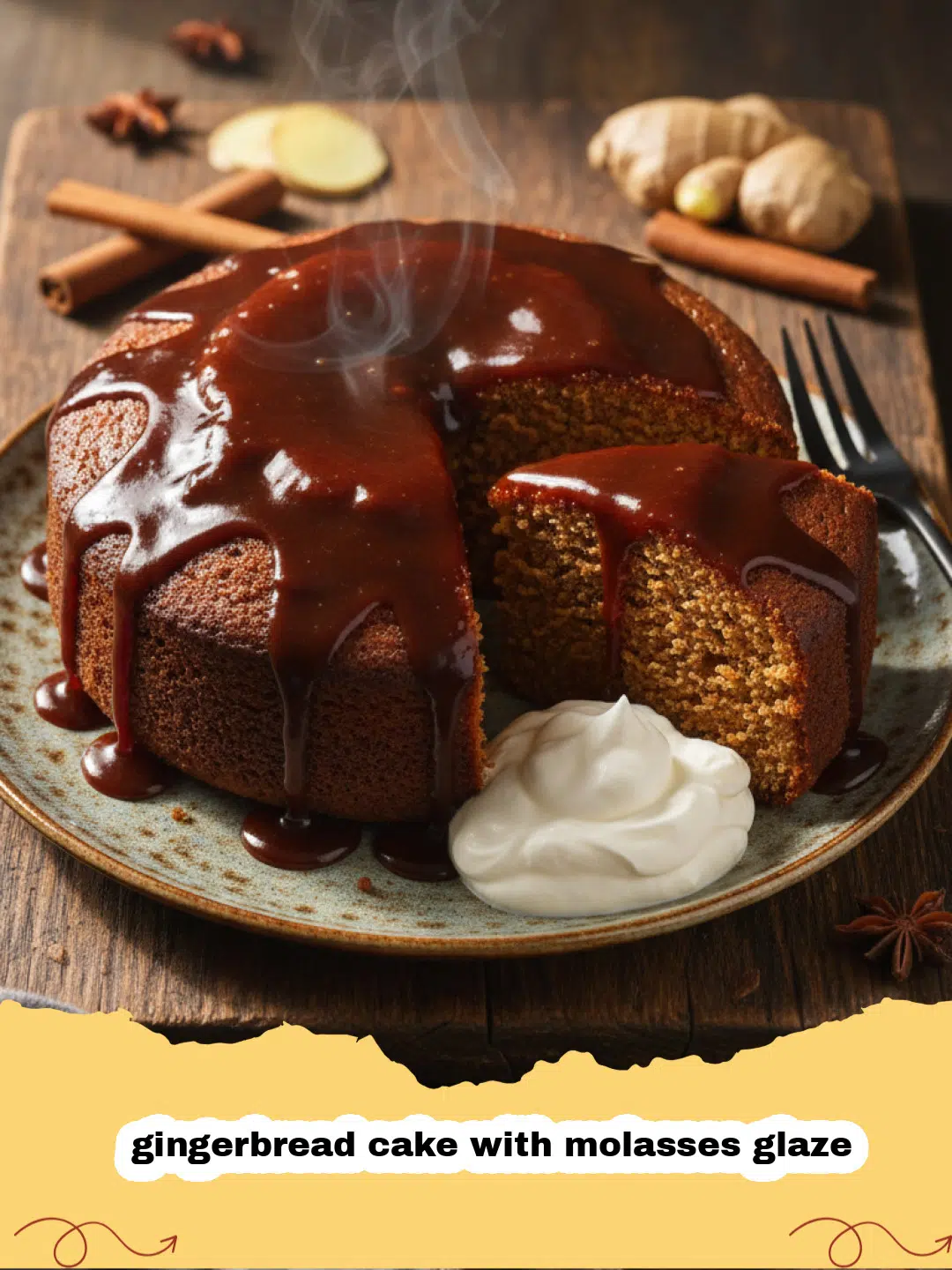 gingerbread cake with molasses glaze - A close-up shot of a slice of moist gingerbread cake with a shiny dark molasses glaze dripping down the sides.