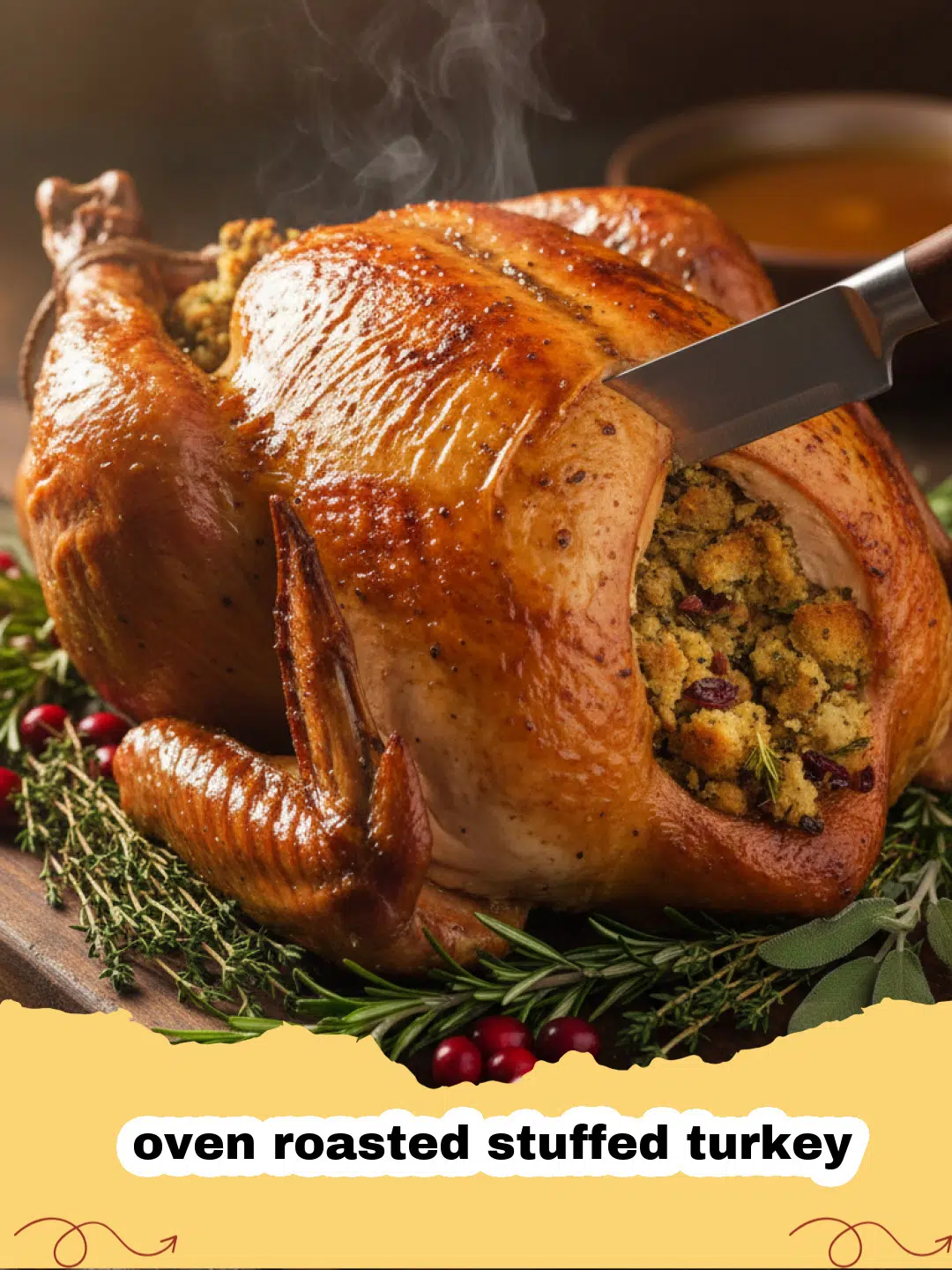 A golden brown oven roasted stuffed turkey, beautifully presented on a platter with fresh herbs and fall vegetables.
