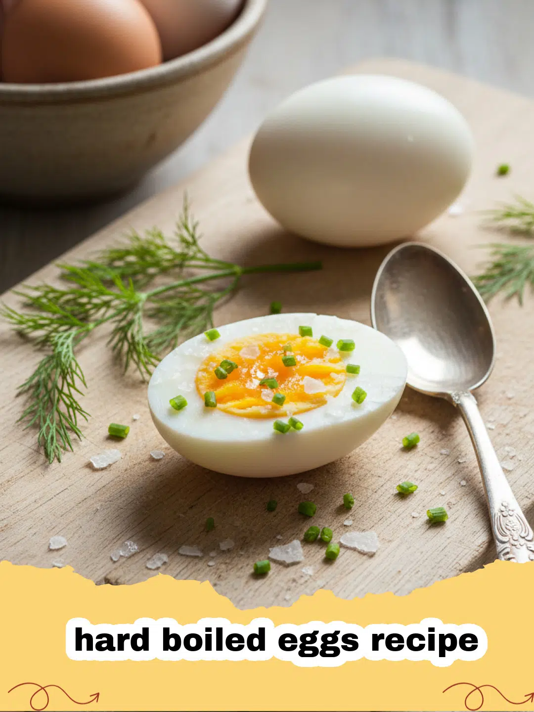 hard boiled eggs recipe - A bowl of perfectly peeled hard boiled eggs, with one sliced in half showing a vibrant yellow yolk and firm white.