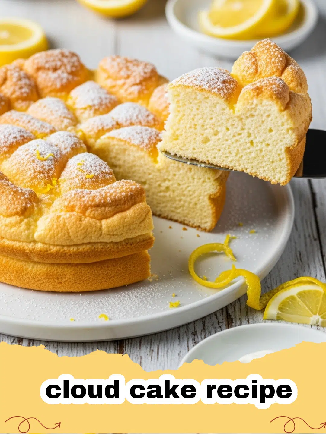 cloud cake recipe - A fluffy white cloud cake topped with fresh strawberries and whipped cream on a wooden serving board.