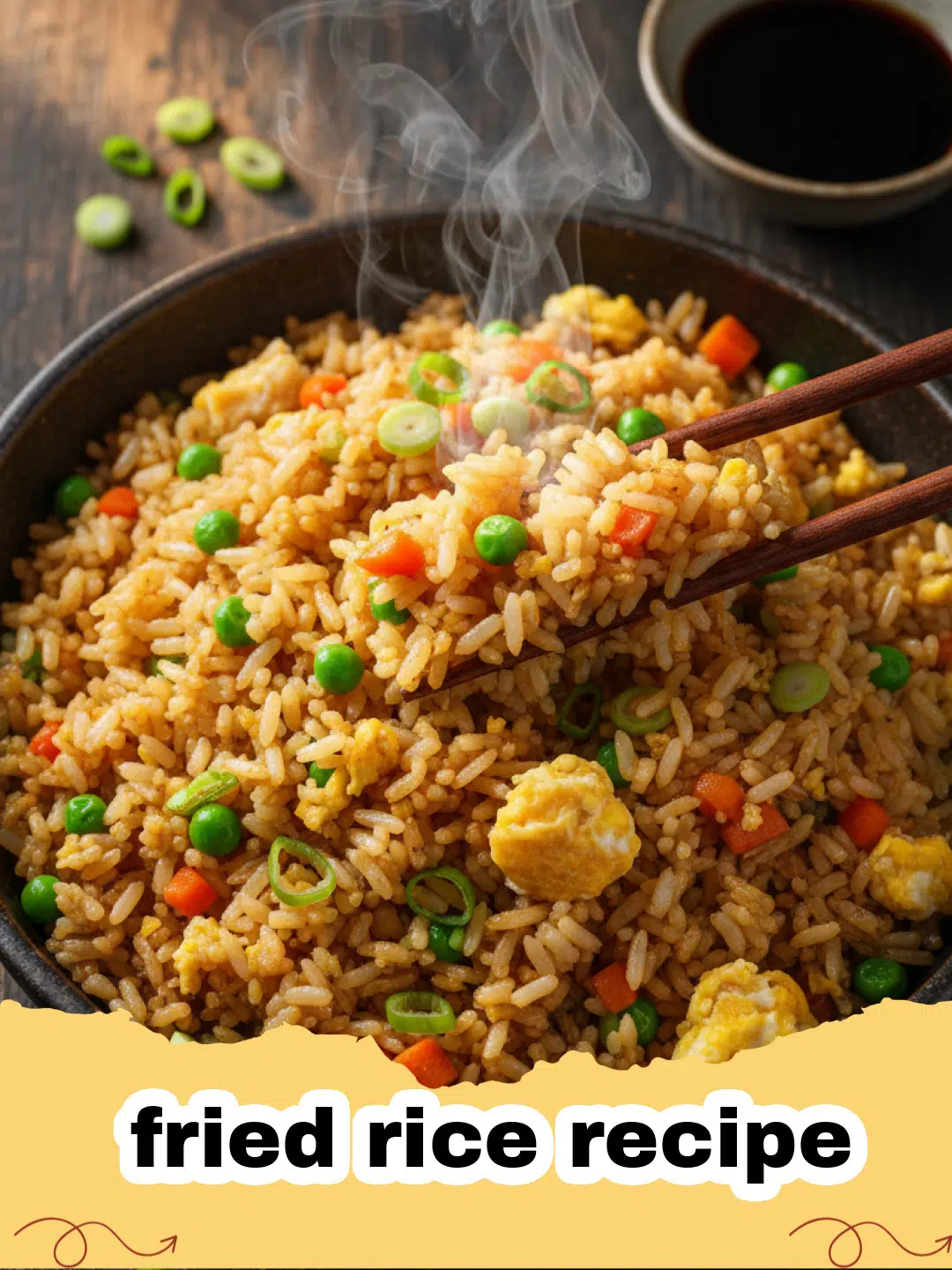 fried rice recipe - A close-up shot of a vibrant bowl of homemade fried rice with chicken, eggs, and mixed vegetables, garnished with green onions.