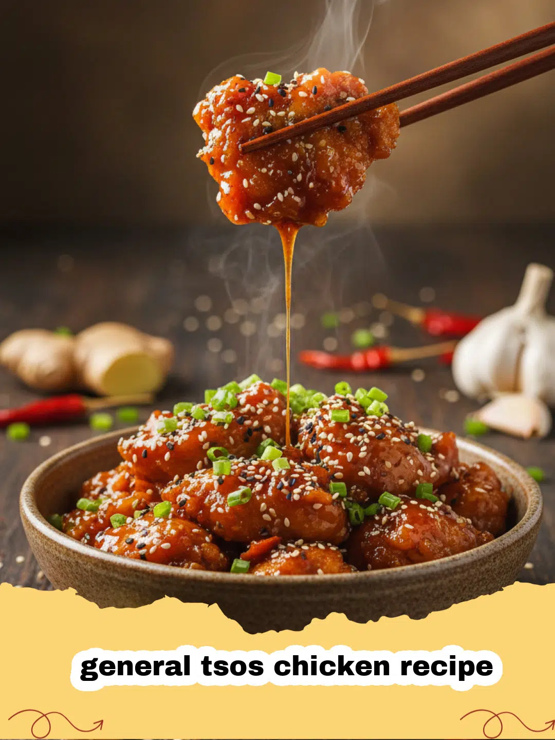 general tsos chicken recipe - Close-up of crispy General Tso's chicken garnished with green onions and sesame seeds, served in a bowl.
