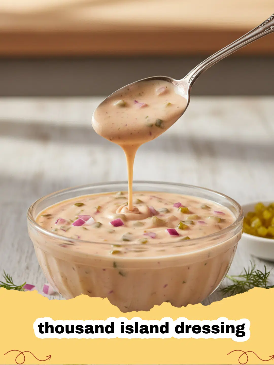 thousand island dressing - A bowl of creamy homemade Thousand Island Dressing with ingredients like relish and pimentos visible.