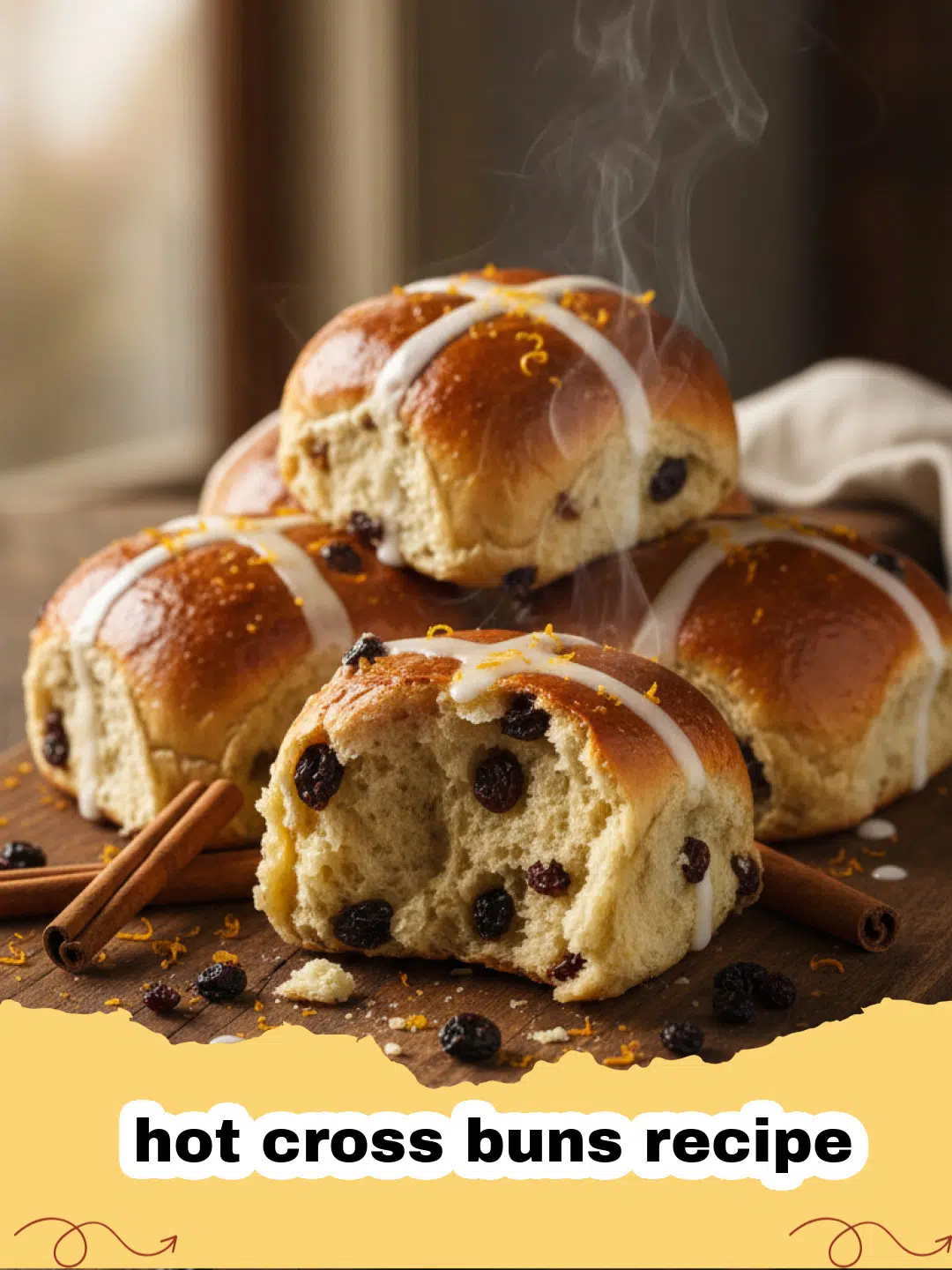 hot cross buns recipe - A plate of freshly baked hot cross buns with white crosses, garnished with orange zest, ready to be served.