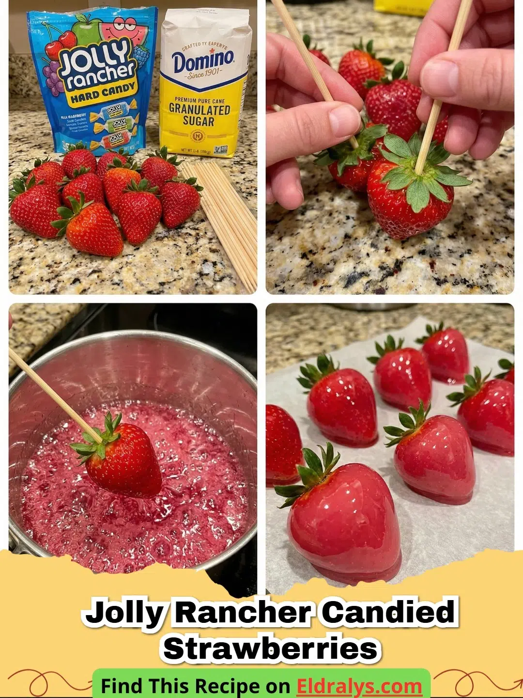 Close up of shiny, glass-coated Jolly Rancher Candied Strawberries on a wooden skewer.