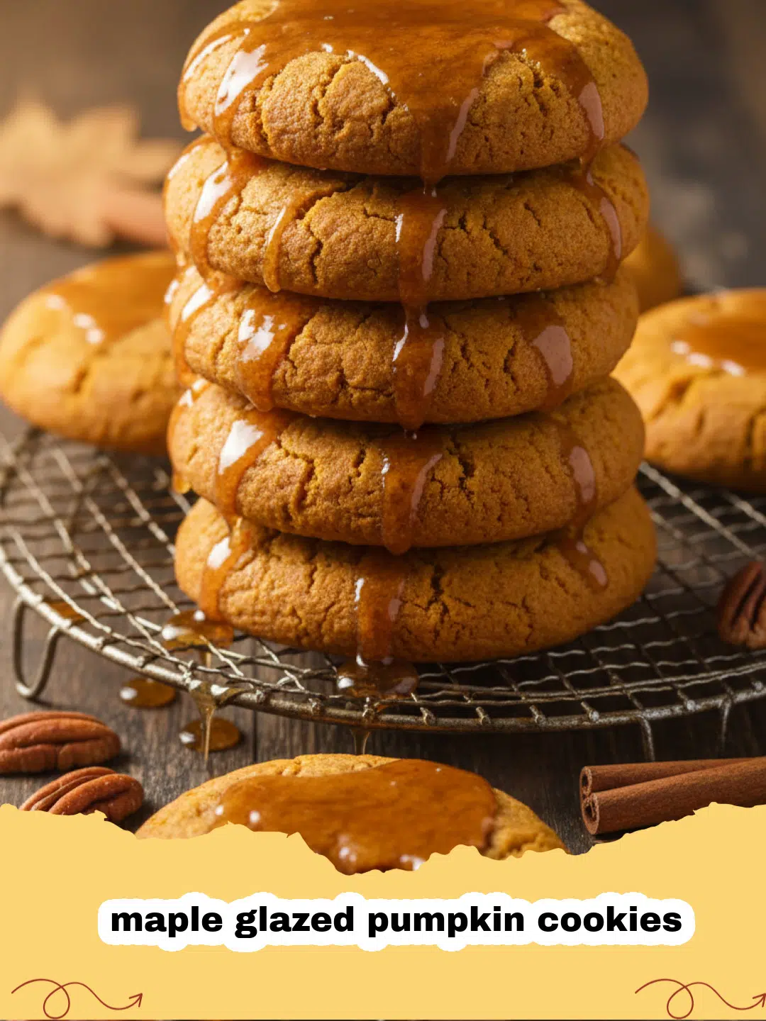 A stack of soft maple glazed pumpkin cookies on a wooden plate with autumn leaves.
